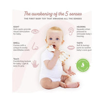 A baby sitting with a Vulli Sophie La Girafe teether, showcasing sensory features like sight, sound, smell, touch, and taste.
