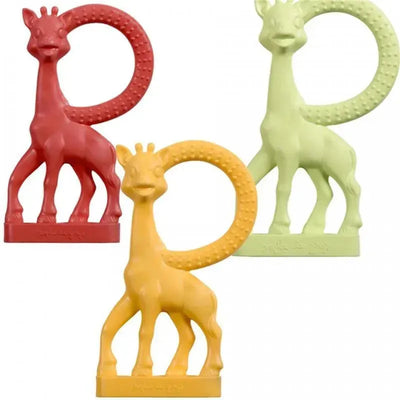 Vulli Sophie The Giraffe Vanilla Teether in red, yellow, and green, designed for teething infants.