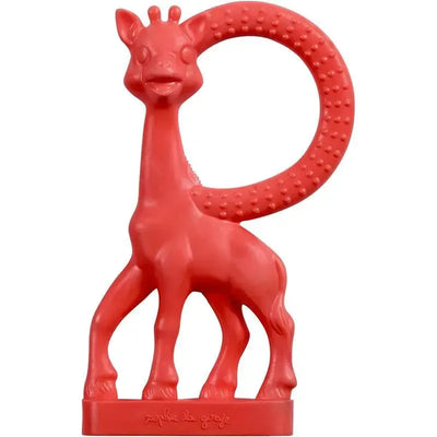 Vulli Sophie The Giraffe vanilla teether in red, featuring a textured ring for grasping and chewing.