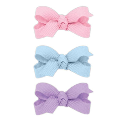 Three grosgrain bows in pink, blue, and purple with knot wrap centers, designed for baby accessories.