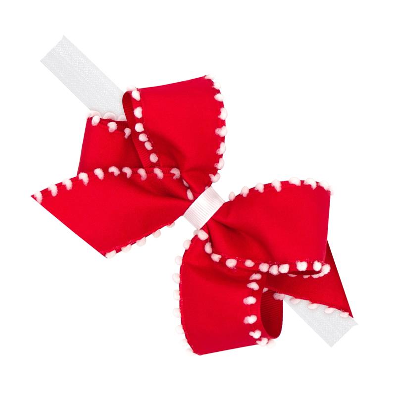 Wee Ones - Baby Girls' Holiday Style Pom-Pom Edge Grosgrain Overlay Hair Bow on Nylon Hair Band Image 1
