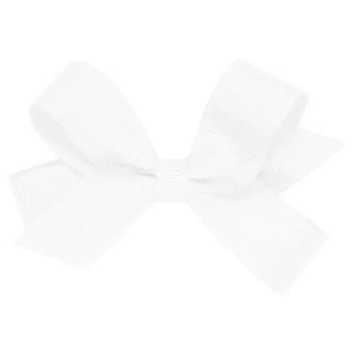 White grosgrain bow with looped ends, designed for hair accessories, featuring a central knot.