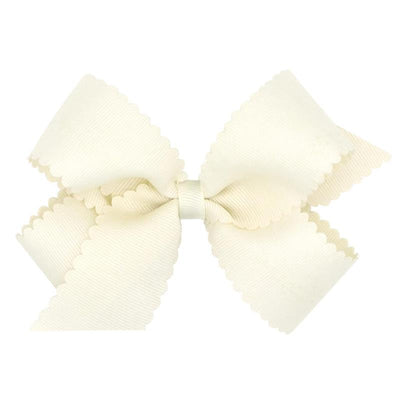 Classic grosgrain hair bow with scalloped edges in antique white, showcasing a medium size and simple elegant design.