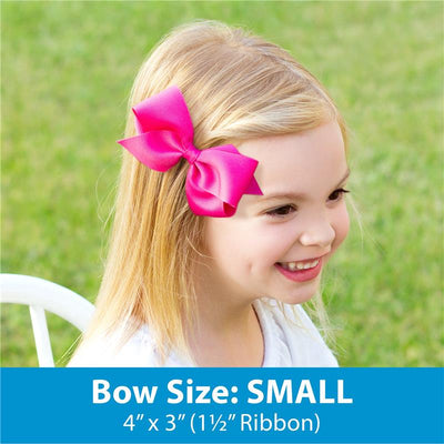 Light pink grosgrain hair bow with organza overlay on a WeeStay clip, worn by a smiling girl with long hair.