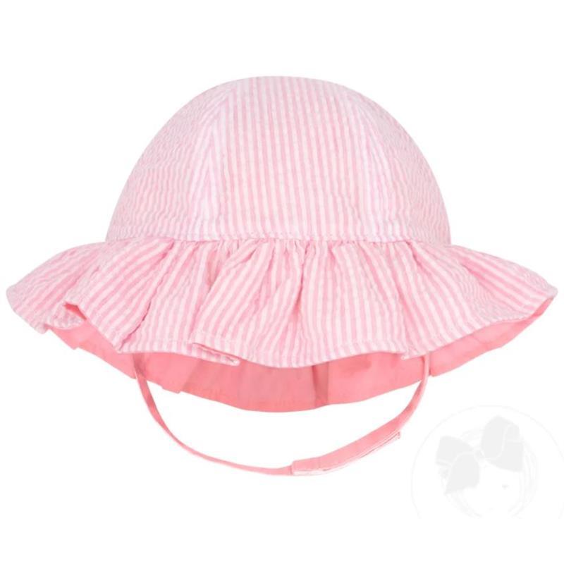 Wee Ones - Girls Reversible Ruffle Brim Seersucker Sun Hat, Pink Stripes  Image 1