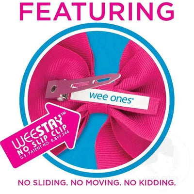 Two mini grosgrain bows in white, millennium blue, and light pink with a no-slip clip feature.