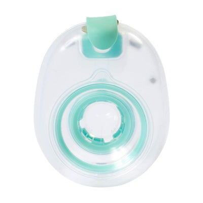 Reusable breast milk container with a 24mm flange, featuring a transparent body and a teal silicone seal.