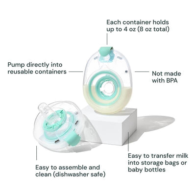 Reusable breast milk containers with a 27mm flange; BPA-free, holds up to 4 oz each, easy to clean and transfer milk.