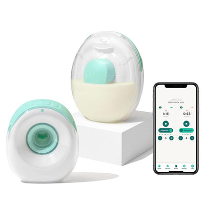 Wearable Willow breast pump in clear and mint green, displaying milk, alongside a smartphone showing pump settings and session timer.
