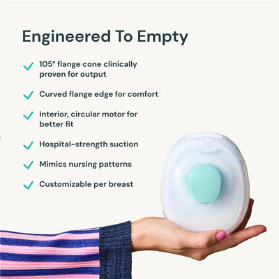 Wearable Willow breast pump held in a hand, featuring a turquoise button, with listed benefits and features for breastfeeding.