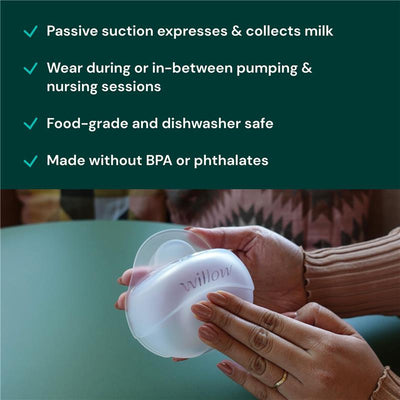 Silicone wearable breast pump held in hands, showcasing its design with features like passive suction and BPA-free material.