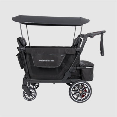 Wonderfold L4 Porsche Quad Stroller Wagon with E-Assist Wheels, featuring a black design and Porsche branding.