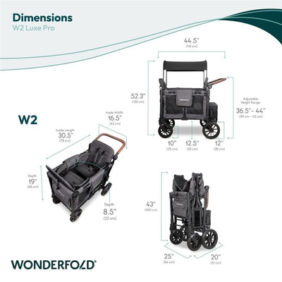 Wonderfold W2 Luxe Pro Double Stroller in Charcoal Gray, showcasing dimensions and features for two children.