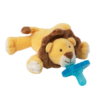WubbaNub lion pacifier features a soft plush lion body with a blue pacifier attached at the mouth.