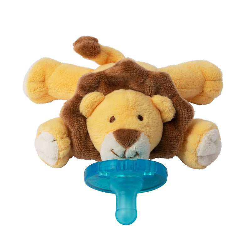 WubbaNub infant pacifier shaped like a baby lion, featuring a soft plush body and a blue pacifier attachment.