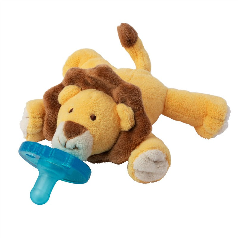 WubbaNub Infant Pacifier featuring a plush baby lion with a blue pacifier attached to its mouth.
