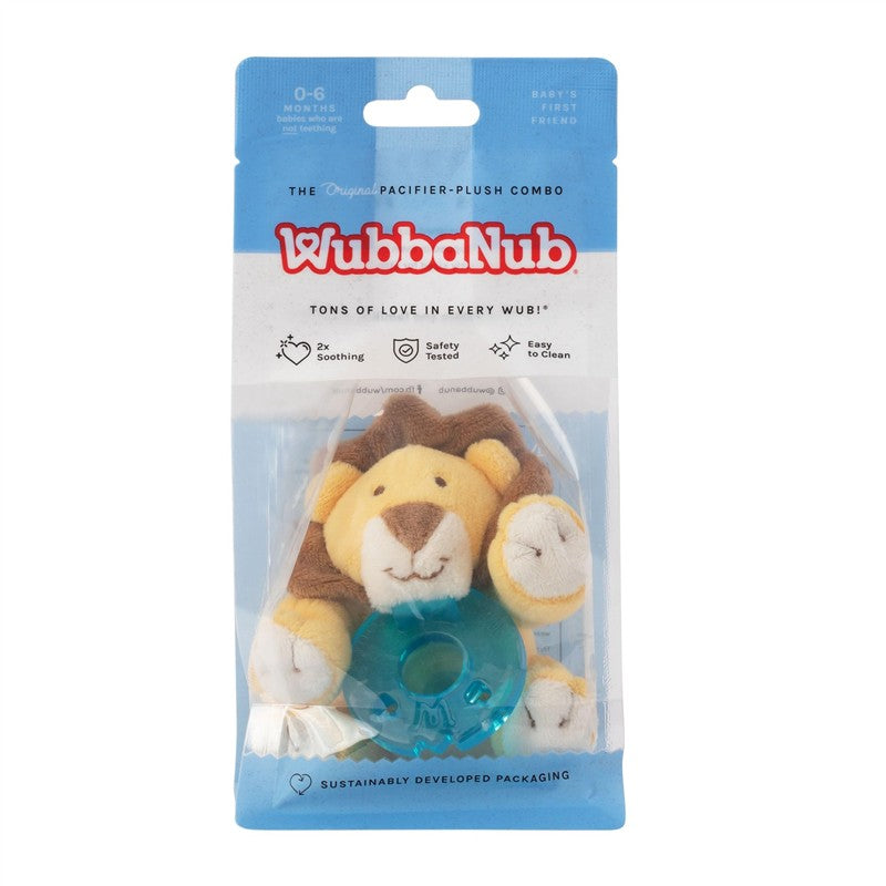 WubbaNub Infant Pacifier featuring a plush baby lion with a soft yellow and brown face and a blue pacifier. Suitable for 0-6 months.