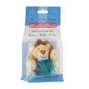 WubbaNub Infant Pacifier featuring a plush baby lion and a teal pacifier, packaged with safety and cleaning details.