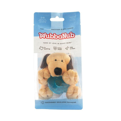 WubbaNub Infant Pacifier featuring a plush brown puppy with a teal pacifier, suitable for infants 0-6 months.