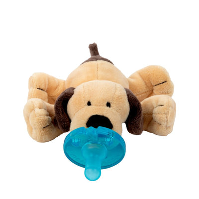 Brown puppy plush pacifier holder with a light blue pacifier in its mouth. Ideal for infants.
