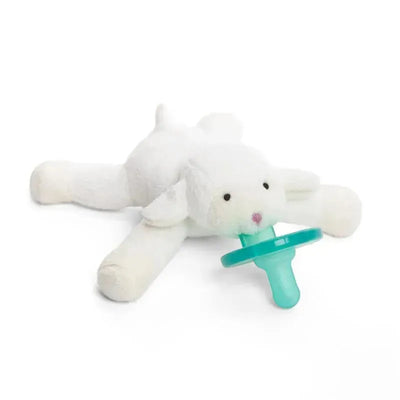 WubbaNub infant pacifier featuring a soft white lamb attached to a teal pacifier, designed for soothing babies.