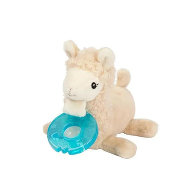 Infant pacifier in the shape of a llama, featuring a soft plush body and a blue silicone pacifier attached.