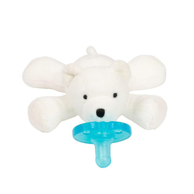 White polar bear plush toy with a blue infant pacifier attached, designed to soothe babies.