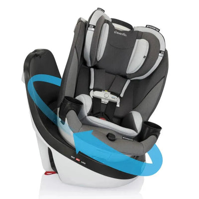 Evenflo® Revolve360 Slim rotational car seat in grey with blue rotation indicator arrow