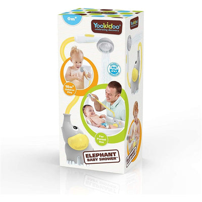 Yookidoo Elephant Baby Shower packaging features an elephant-shaped shower head, showcasing playtime with toddlers and parents.
