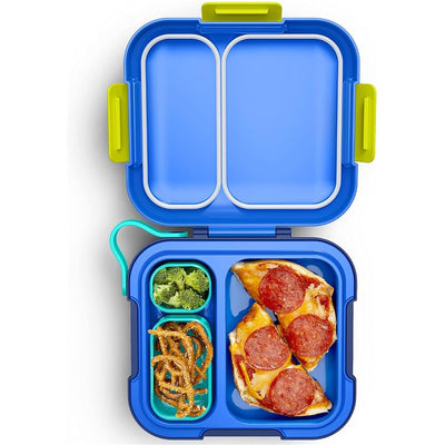 ZOKU Neat Bento in blue, featuring pepperoni pizza, broccoli, and pretzels in a divided compartment.