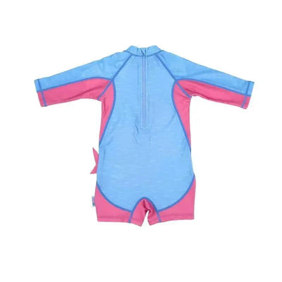 Baby one-piece surf suit in blue and pink, featuring a shark design, ideal for beach or pool activities.