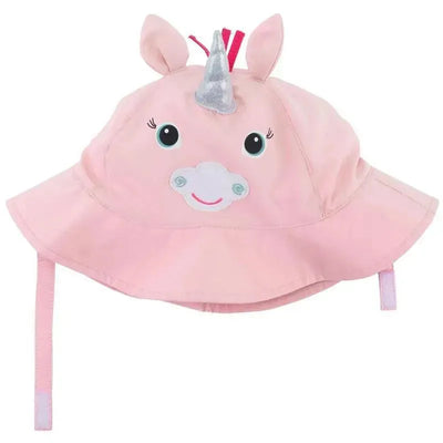 Pink baby sunhat designed as an alicorn, featuring ears, a silver horn, and facial details with a wide brim and adjustable straps.
