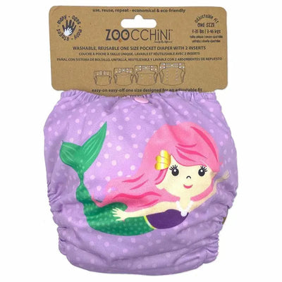 Reusable cloth diaper featuring a mermaid design, adjustable fit for 1-35 lbs, includes two inserts.