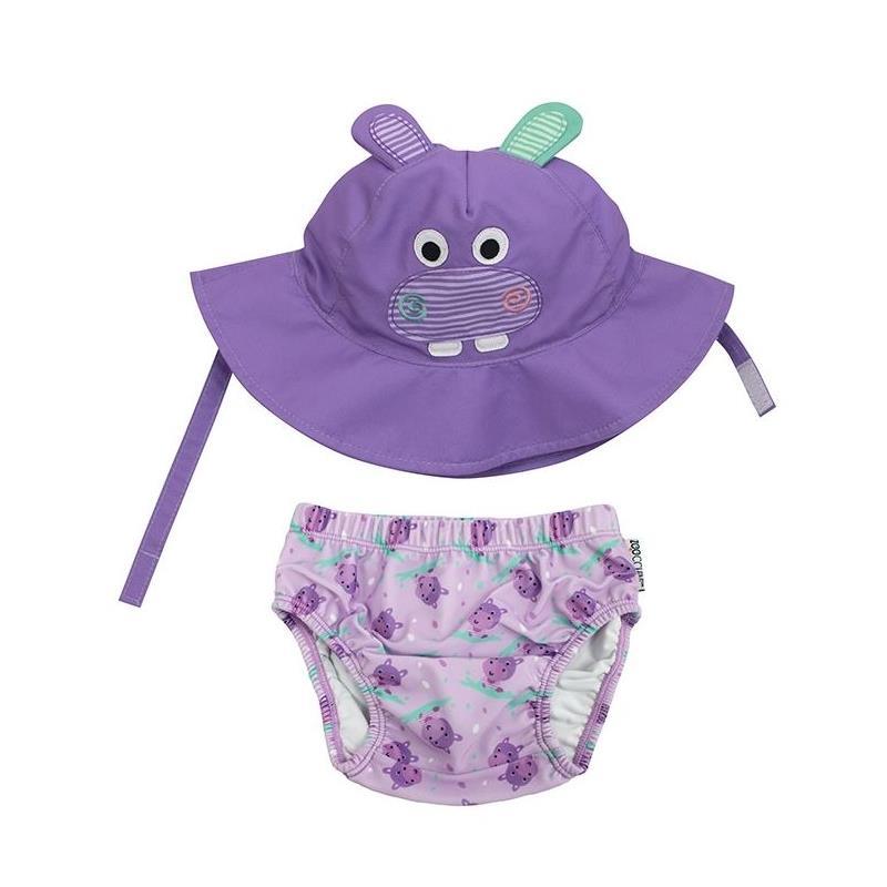 Zoochini - Baby Girl Swim Diaper & Sun Hat Set, The Hippo Image 1