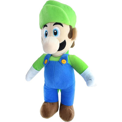 Luigi plush backpack featuring green hat and shirt, blue overalls, and brown shoes, designed for children.