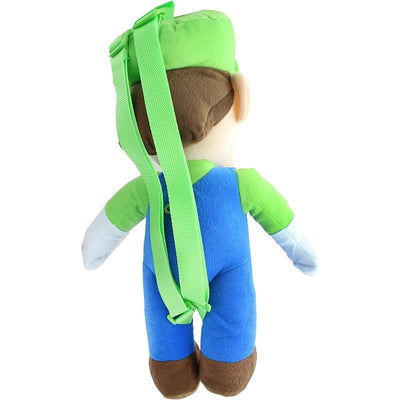 Luigi plush backpack with adjustable green straps, featuring detailed blue overalls and green shirt.