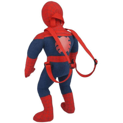 Spiderman plush backpack featuring red and blue design, adjustable straps, and iconic spider emblem on the back.