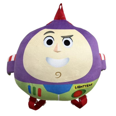 Buzz Lightyear head-shaped plush backpack with red straps, featuring a smiling face and colorful details.