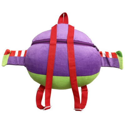 Buzz Lightyear head-shaped plush backpack with purple, green, and red colors, featuring adjustable red straps and a zippered compartment.