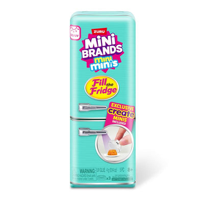Zuru Mini Brands Fill The Fridge Playset featuring a turquoise toy fridge, includes exclusive create minis for imaginative play.