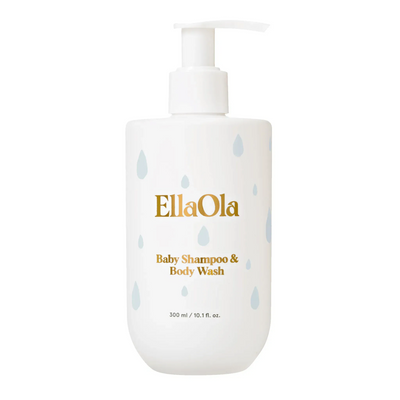 EllaOla Baby Shampoo & Body Wash with blue droplet design, 300ml pump bottle