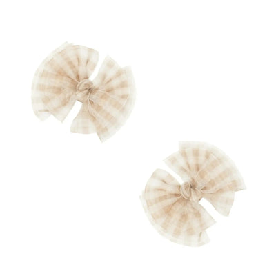 Two Baby Bling Bows blush gingham tulle baby hair clips on a white background